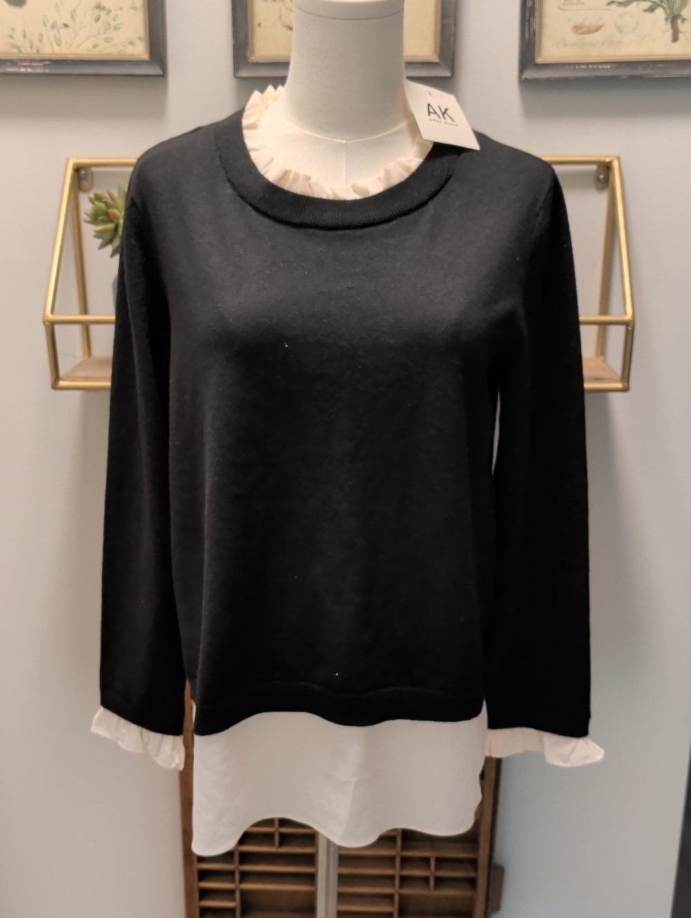 Anne Klein- NWT Size Medium Black Layered-Look Sweater with Cream Ruffle Trim
